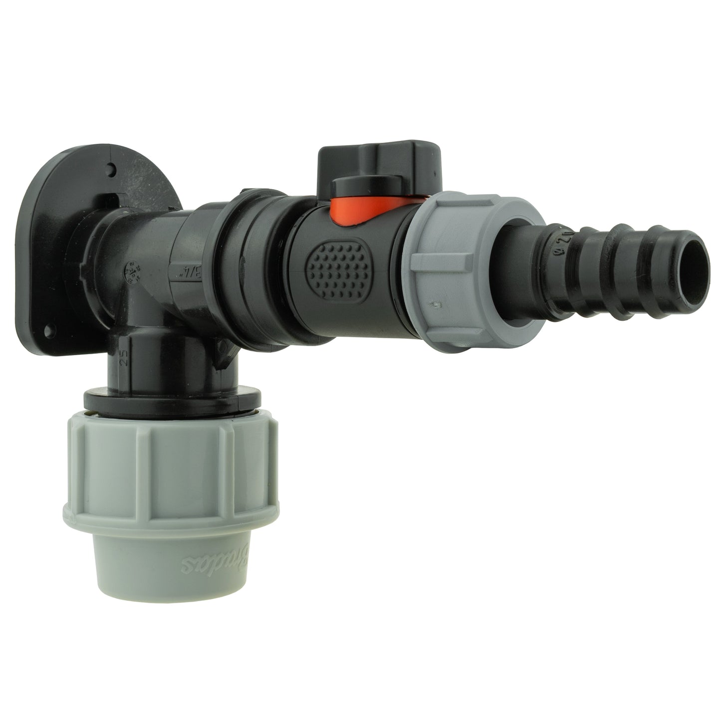 25mm MDPE Wall Flange Set with In-Line Valve and 20mm Barb Fitting