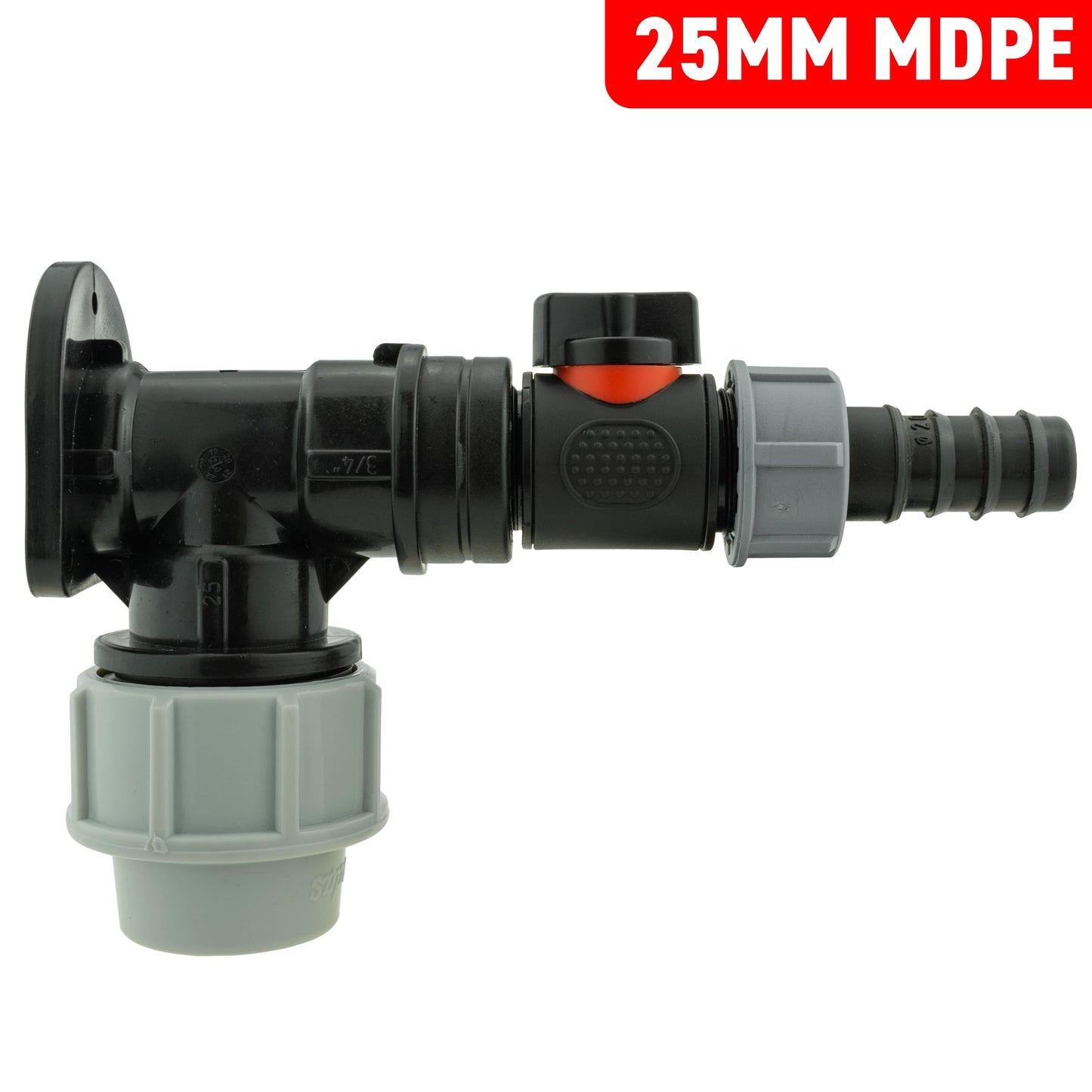 25mm MDPE Wall Flange Set with In-Line Valve and 20mm Barb Fitting