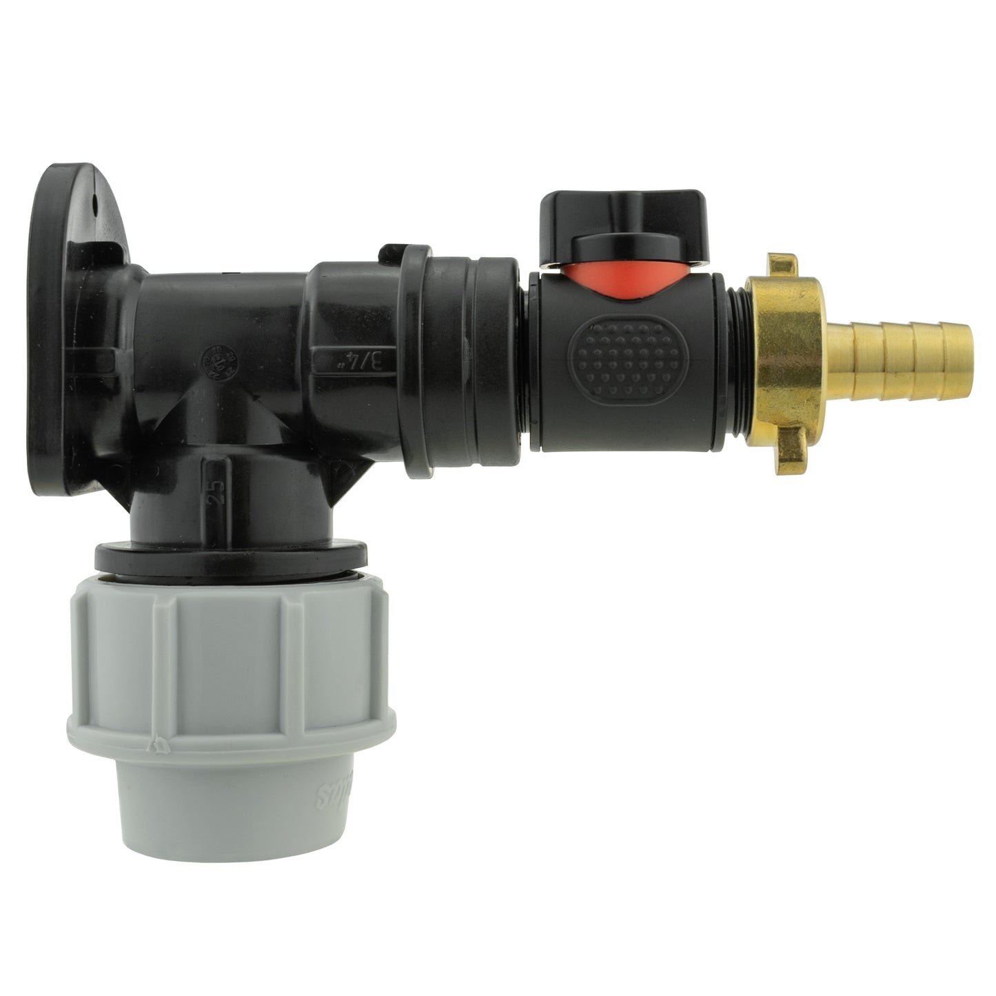 25mm MDPE Wall Flange Set with In-Line Valve and 13mm Brass Barb Fitting