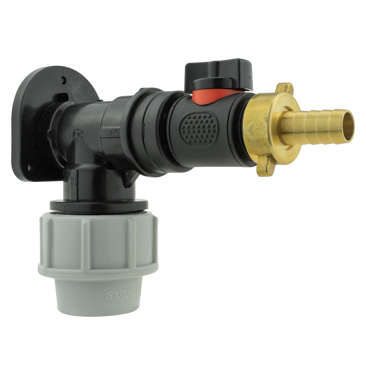 25mm MDPE Wall Flange Set with In-Line Valve and 13mm Brass Barb Fitting