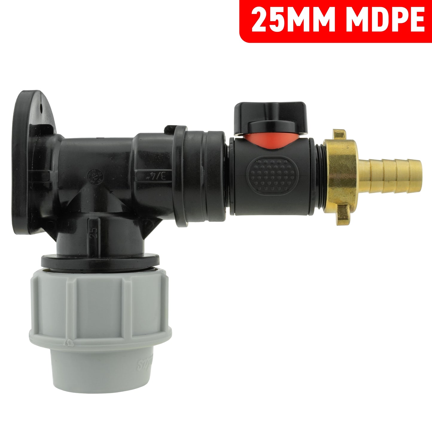 25mm MDPE Wall Flange Set with In-Line Valve and 13mm Brass Barb Fitting