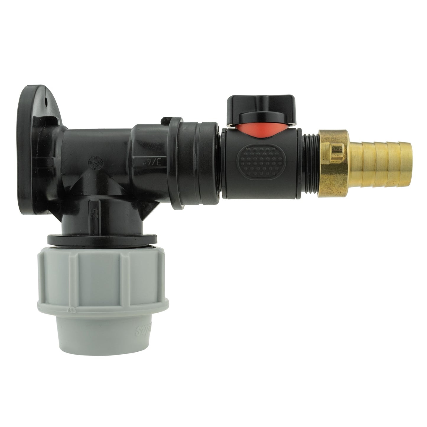 25mm MDPE Wall Flange Set with In-Line Valve and 19mm Brass Barb Fitting
