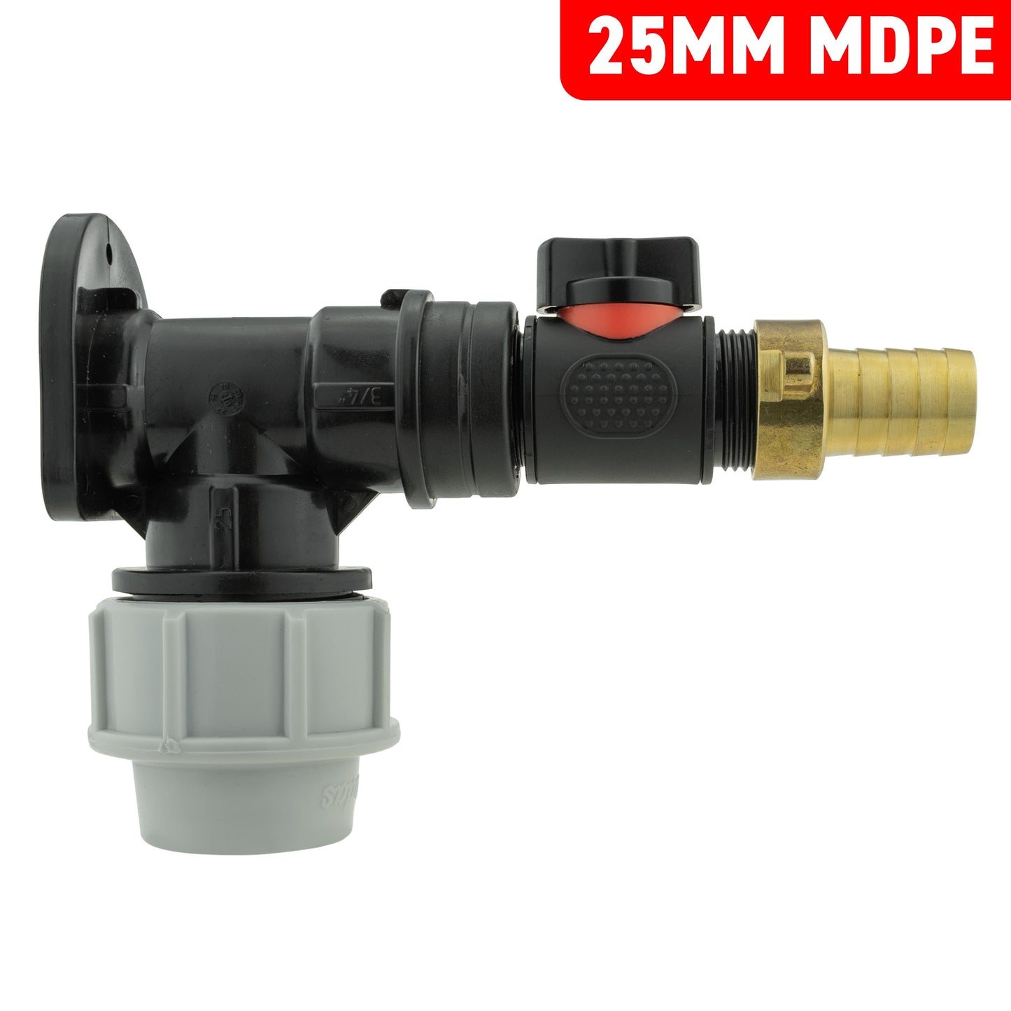 25mm MDPE Wall Flange Set with In-Line Valve and 19mm Brass Barb Fitting