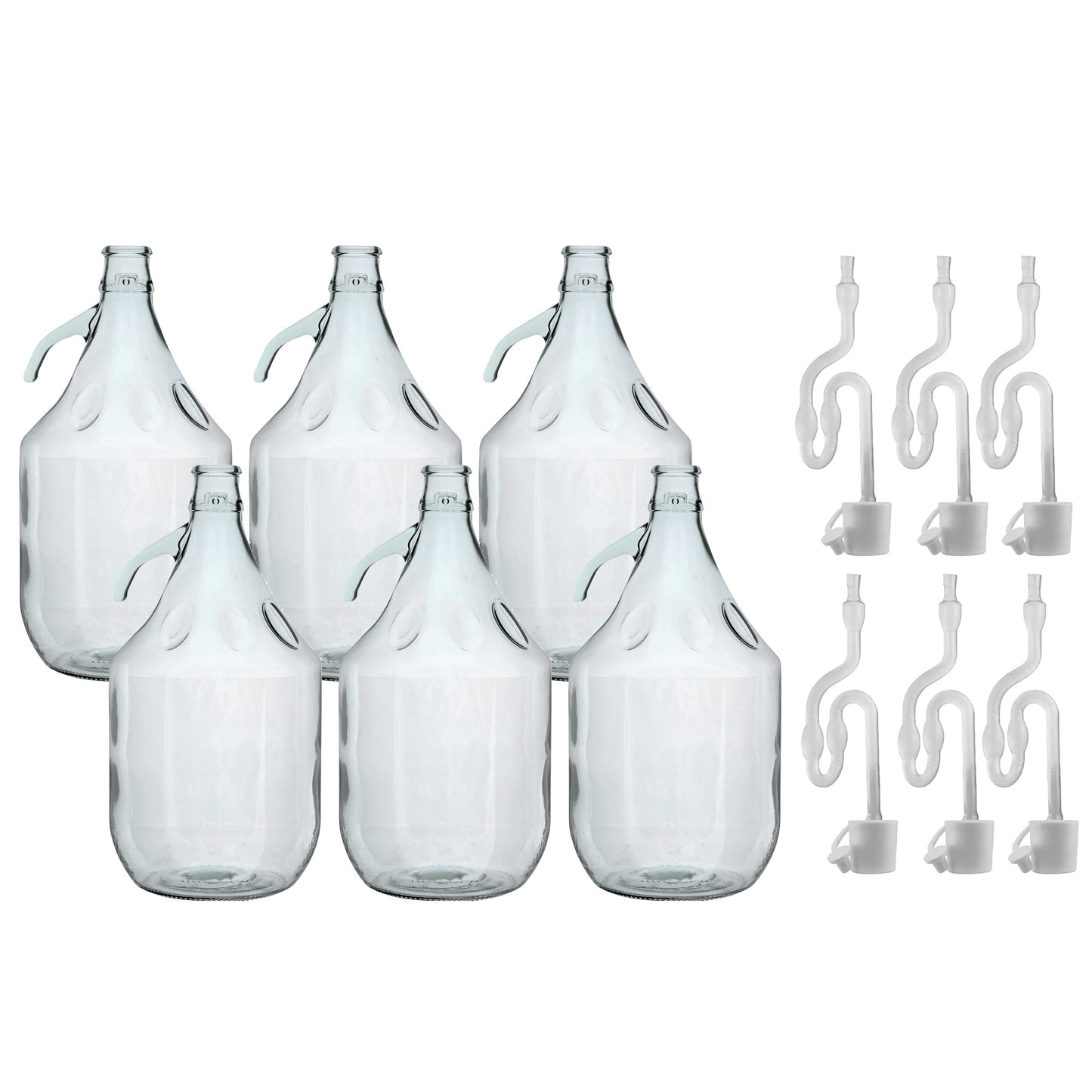 Set of 6 Plain 5L Glass Demijohns Complete With Airlock and Bung