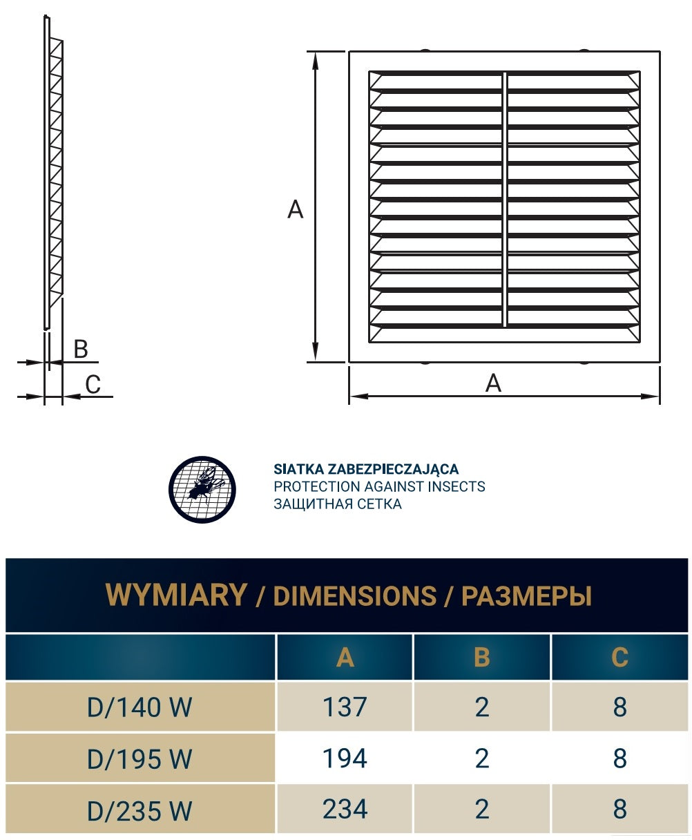 195mm x 195mm Louvre Vent D/195W with Insect Screen