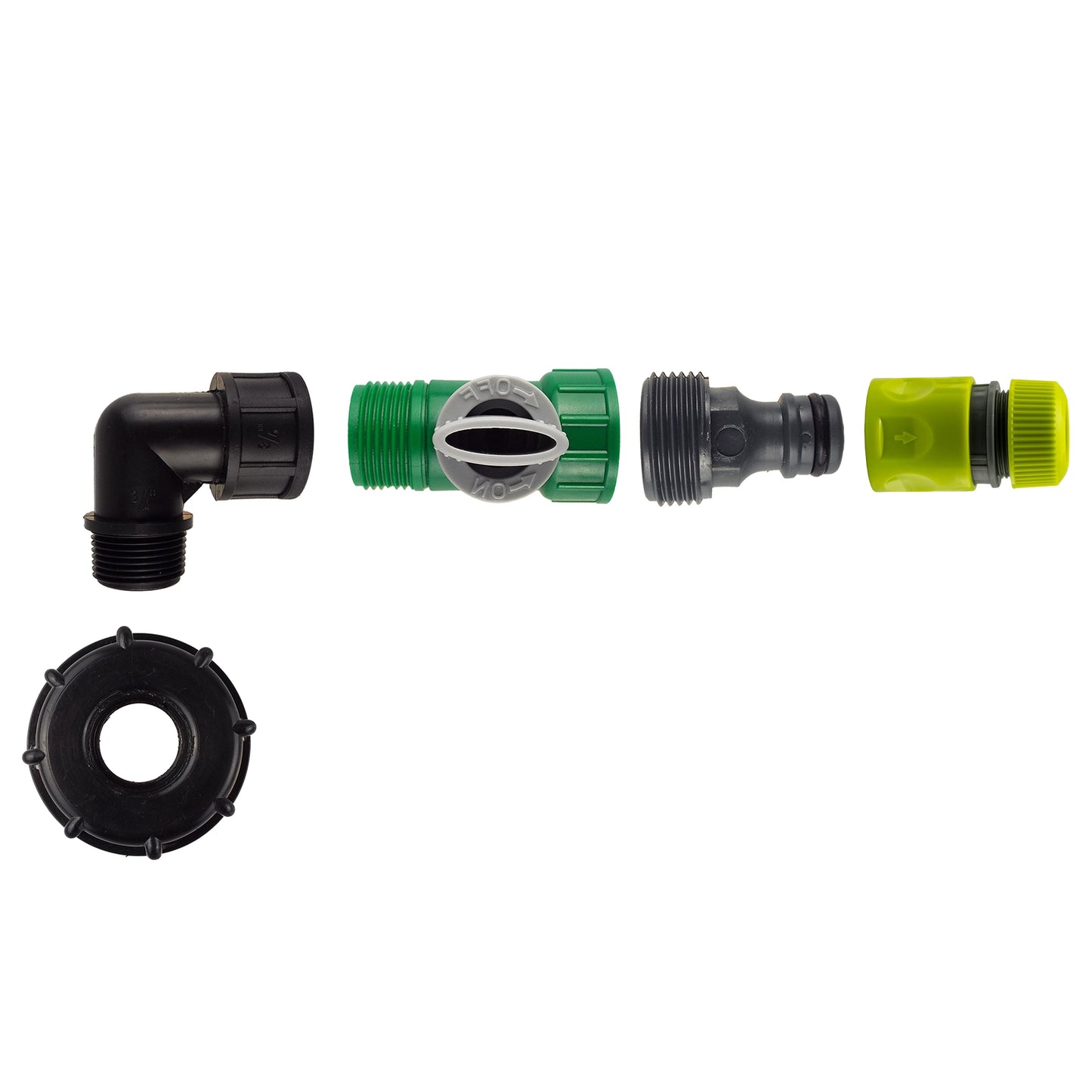 IBC 2” S60X6 Cap with Elbow, Quick-Release Coupling, Valve and Hose Adapter