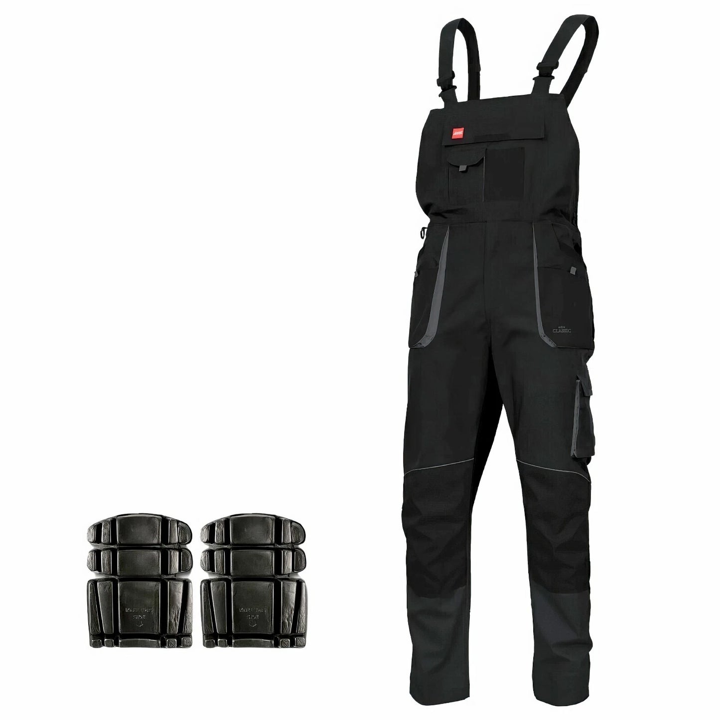 Bib & Brace Overalls Men Mechanic Work Trousers Multi Pocket Knee Pad - BLACK - 100 Slim