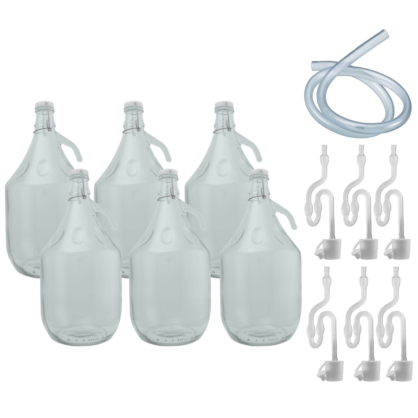 Set of 6 Glass Demijohns 5L Complete with Swing-Top Lid, Airlock, Bung and Tube