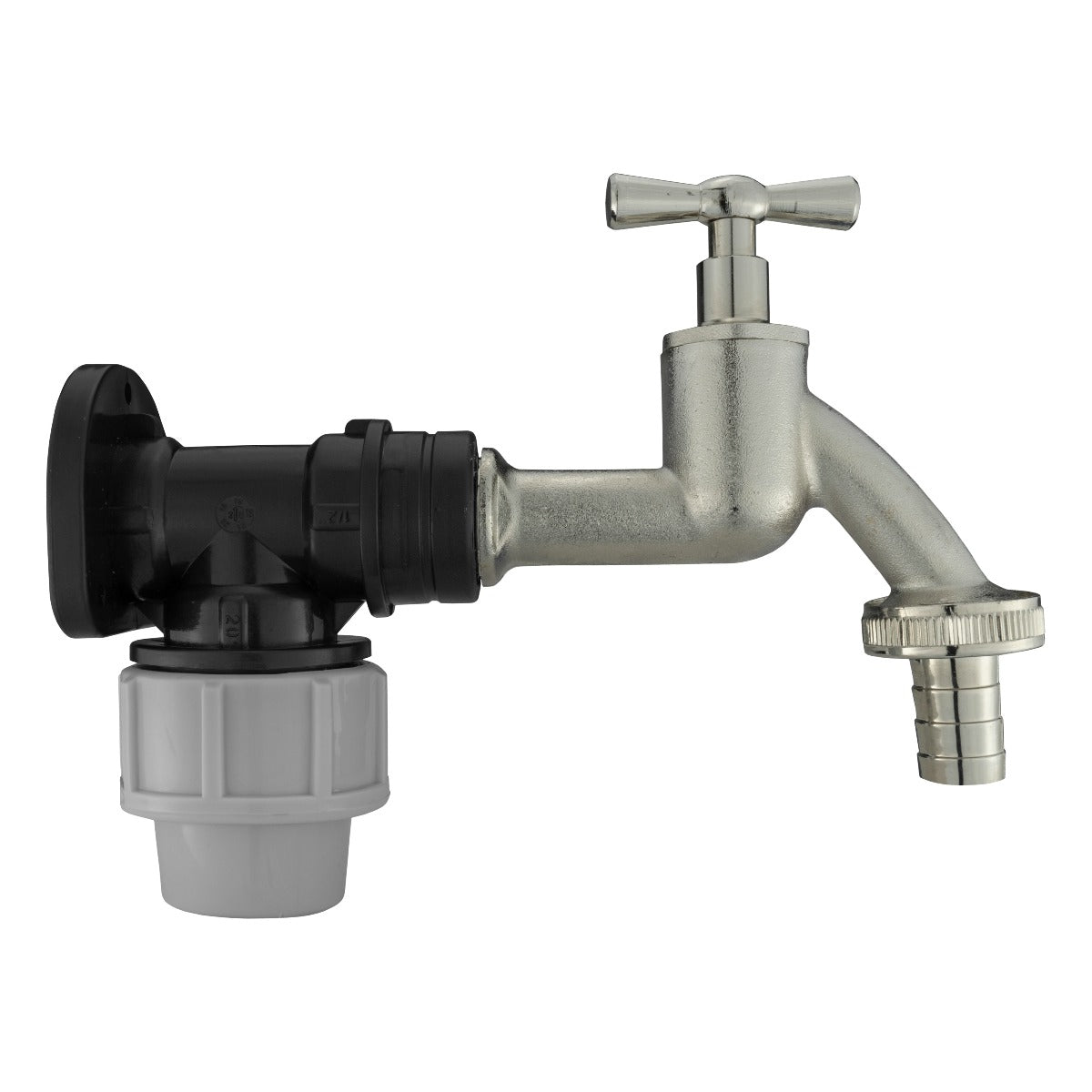 20mm MDPE Wall Flange Set with Nickel-Plated Bib Tap and ½" Barbed Connector