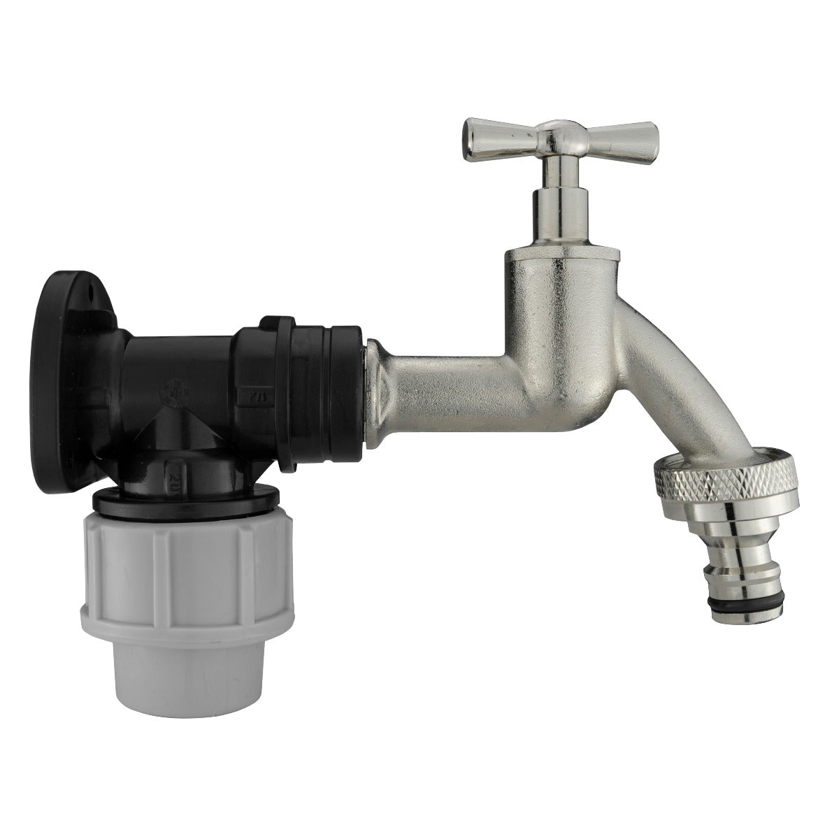 20mm MDPE Wall Flange Set with Nickel Bib Tap and Snap-On Fitting