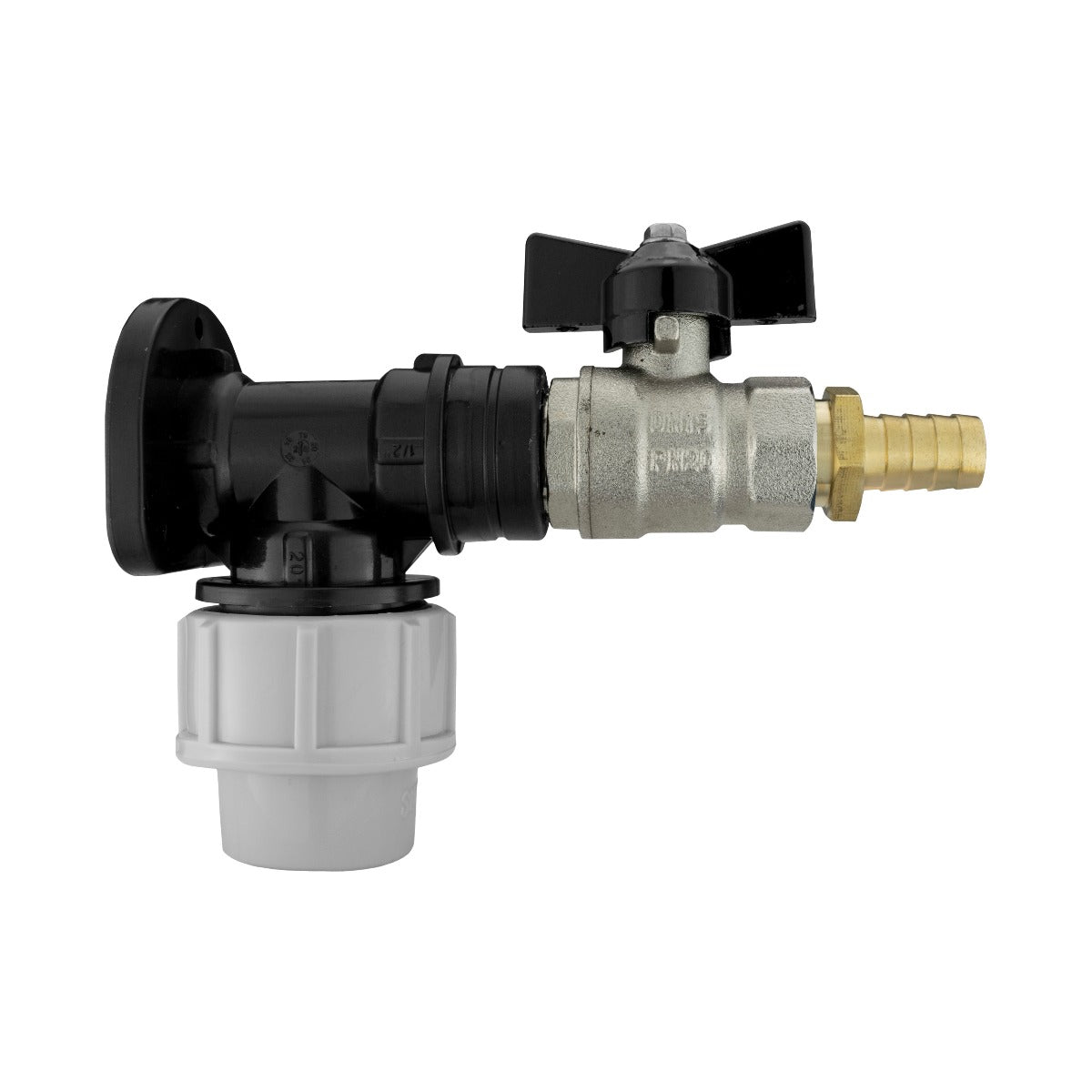 20mm MDPE Wall Flange Set with Bib Valve and 13mm Brass Barbed Outlet