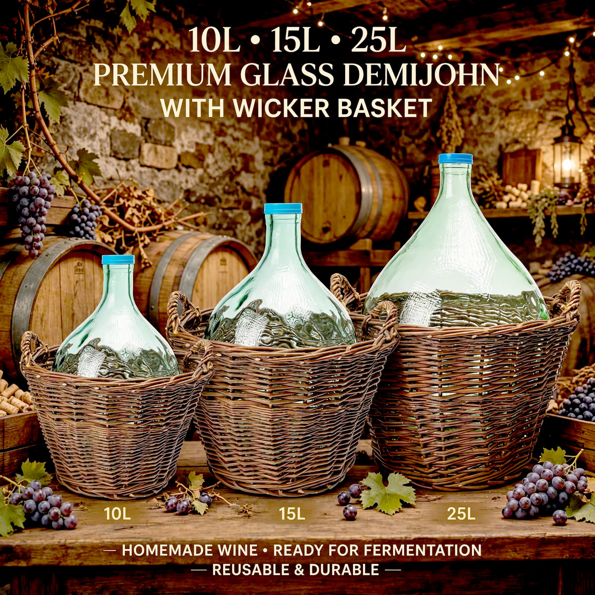 10L 15L 25L Glass Demijohn with Wicker Basket for Wine Beer Cider Mead Making