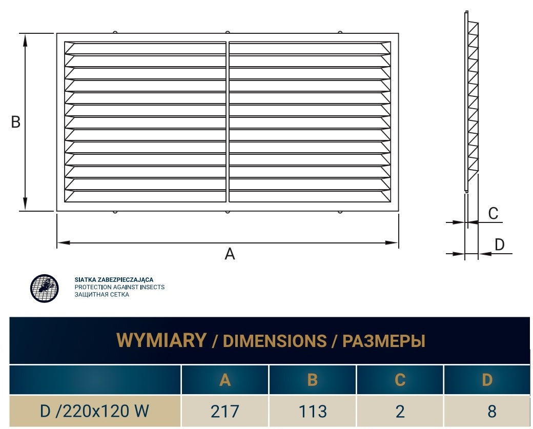 220mm x 120mm Classic Louvre Vent D/220X120W with Insect Screen