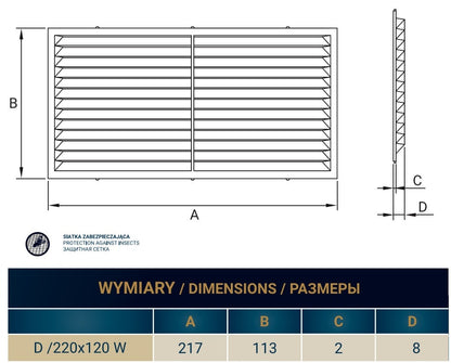 220mm x 120mm Classic Louvre Vent D/220X120W with Insect Screen
