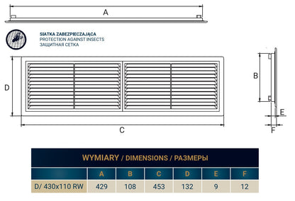 430mm x 110mm Classic Louvre Vent D/430X110RW with Insect Screen