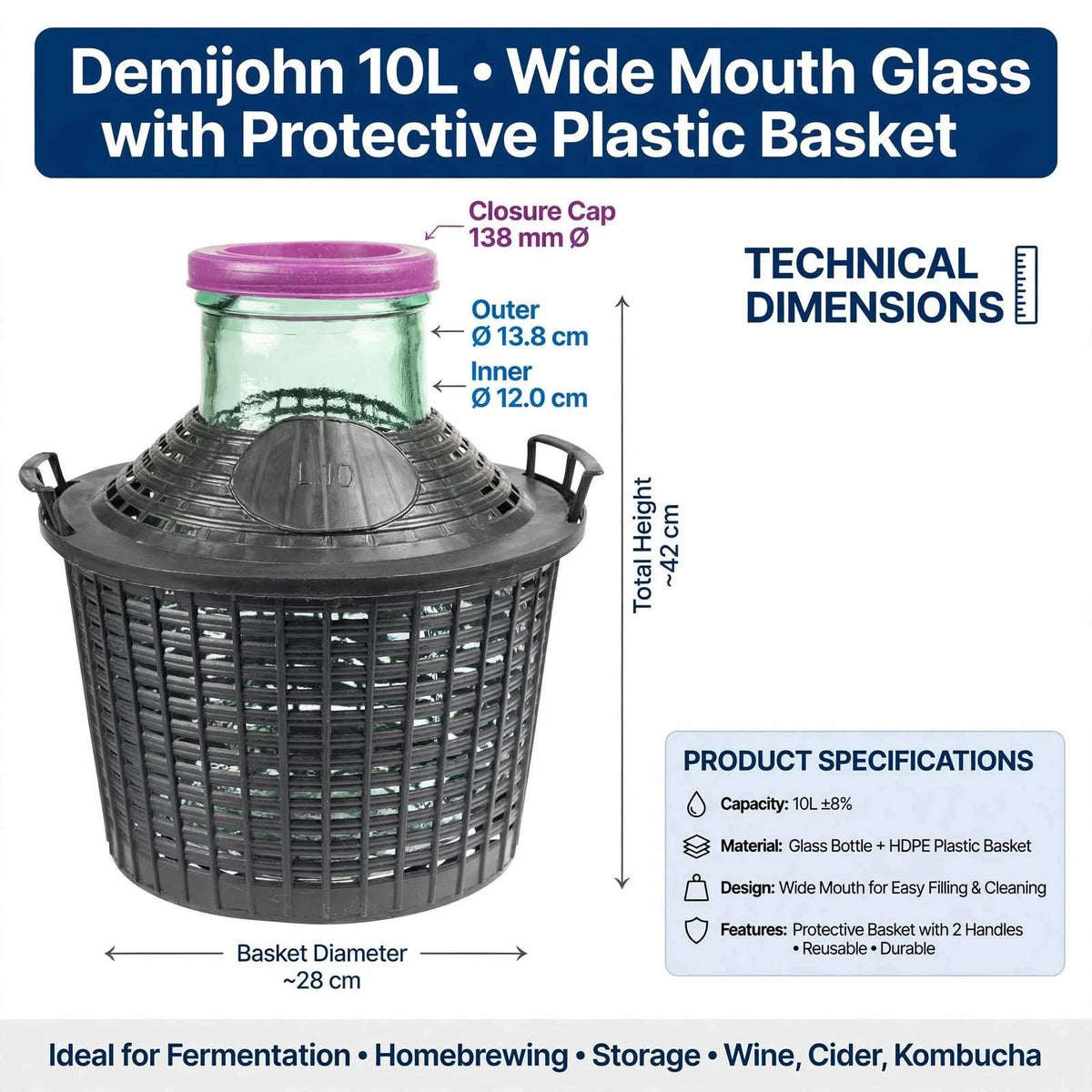 Glass Demijohn 10/15/20/25/34L Wide Neck Wine Beer Fermentation with Basket