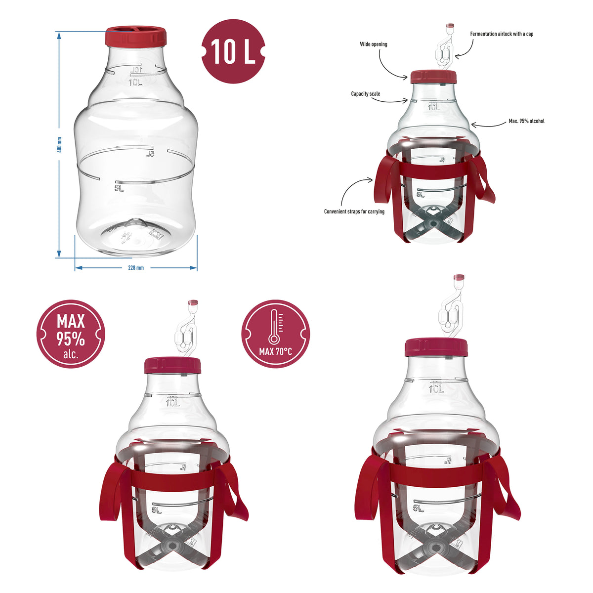 Plastic Wine Fermentation Demijohn 10L 15L 20L 25L PET with Straps & Airlock