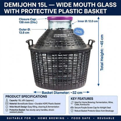 Glass Demijohn 10/15/20/25/34L Wide Neck Wine Beer Fermentation with Basket