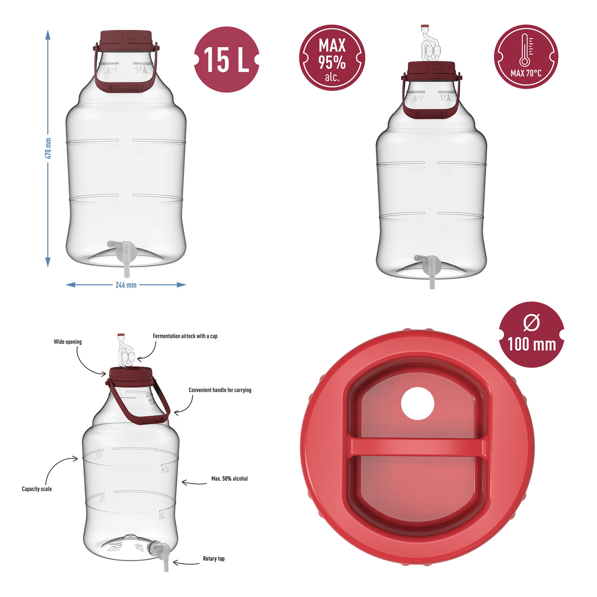 10L 15L 25L PET Fermentation Demijohn Wine Beer Home Brew with Tap & Airlock