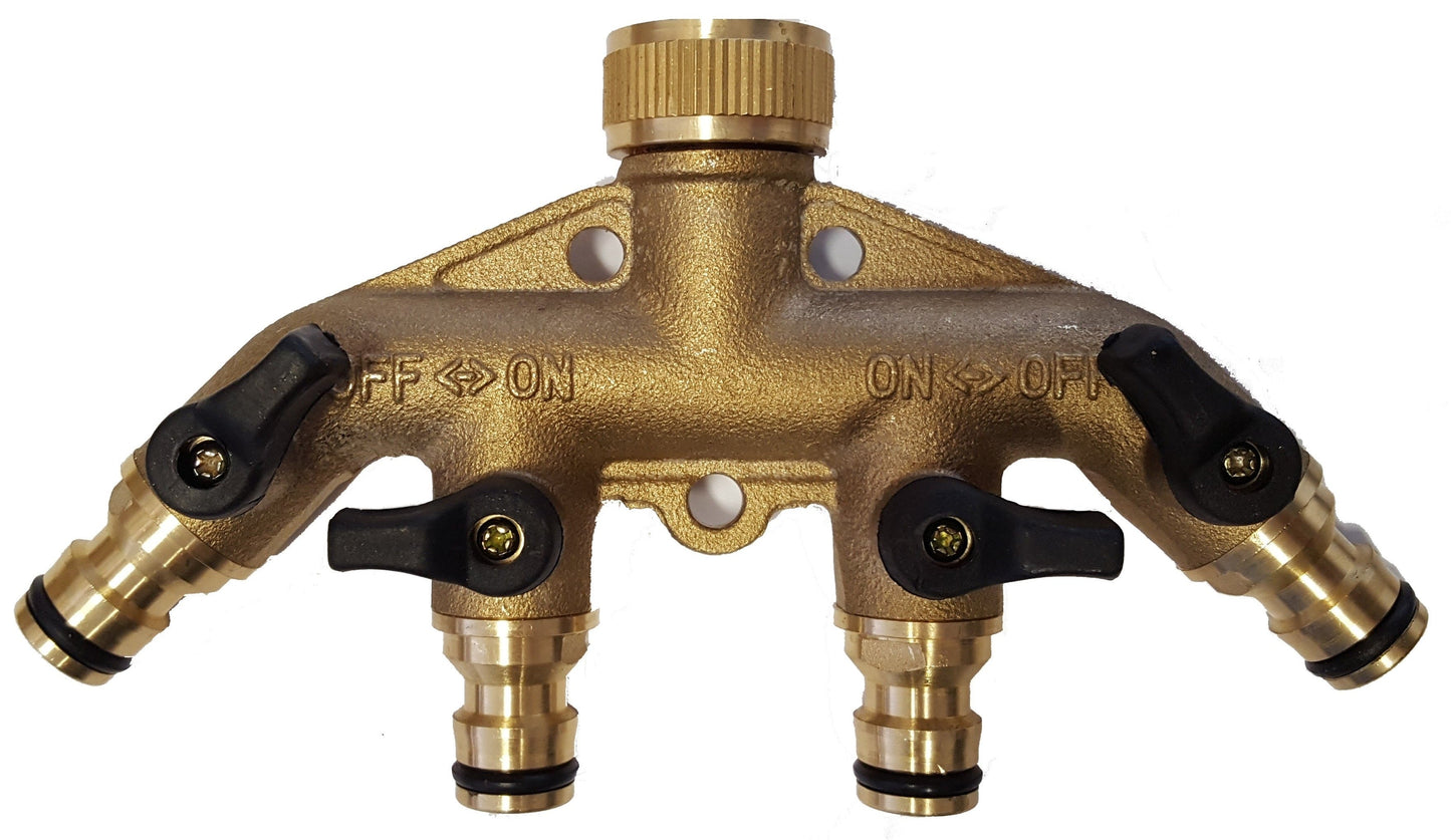 4-Way Brass Manifold with Valves and Snap-On Connectors