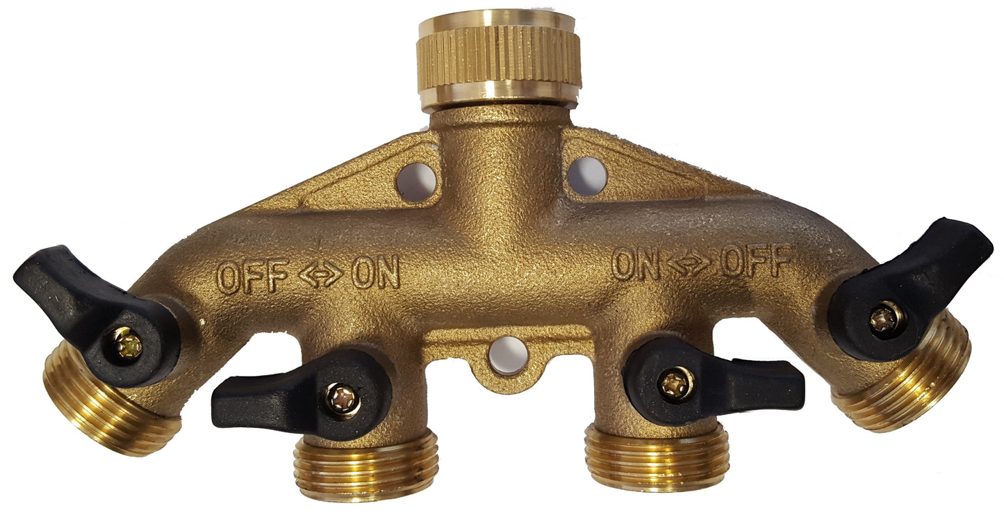 4-Way Brass Manifold with Valves and Threaded Outlets