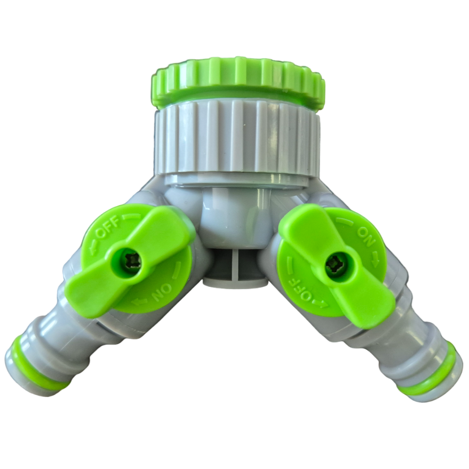 Green/Grey 1” or ¾” BSP Female Dual Outlet Tap Fitting with Valves