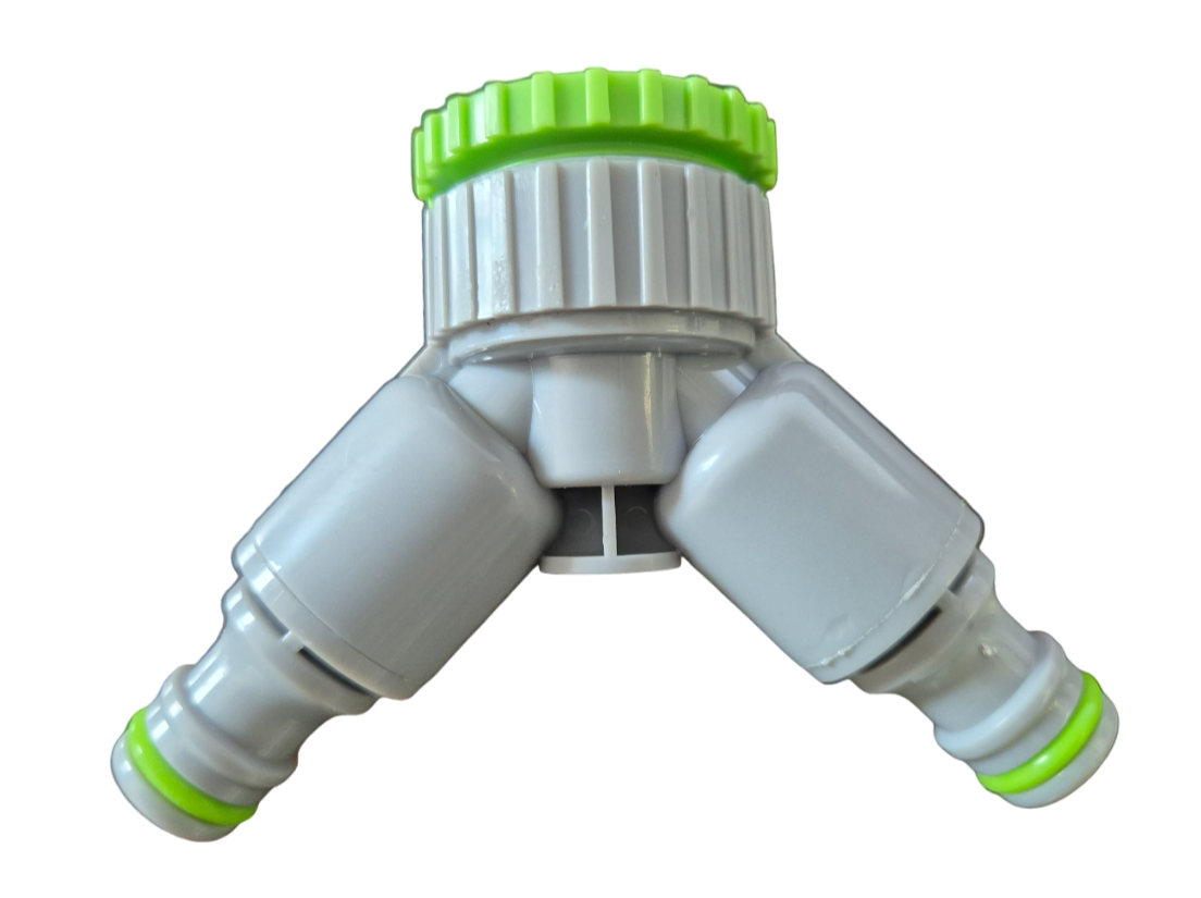 Green/Grey 1” or ¾” BSP Female Dual Outlet Tap Fitting with Valves
