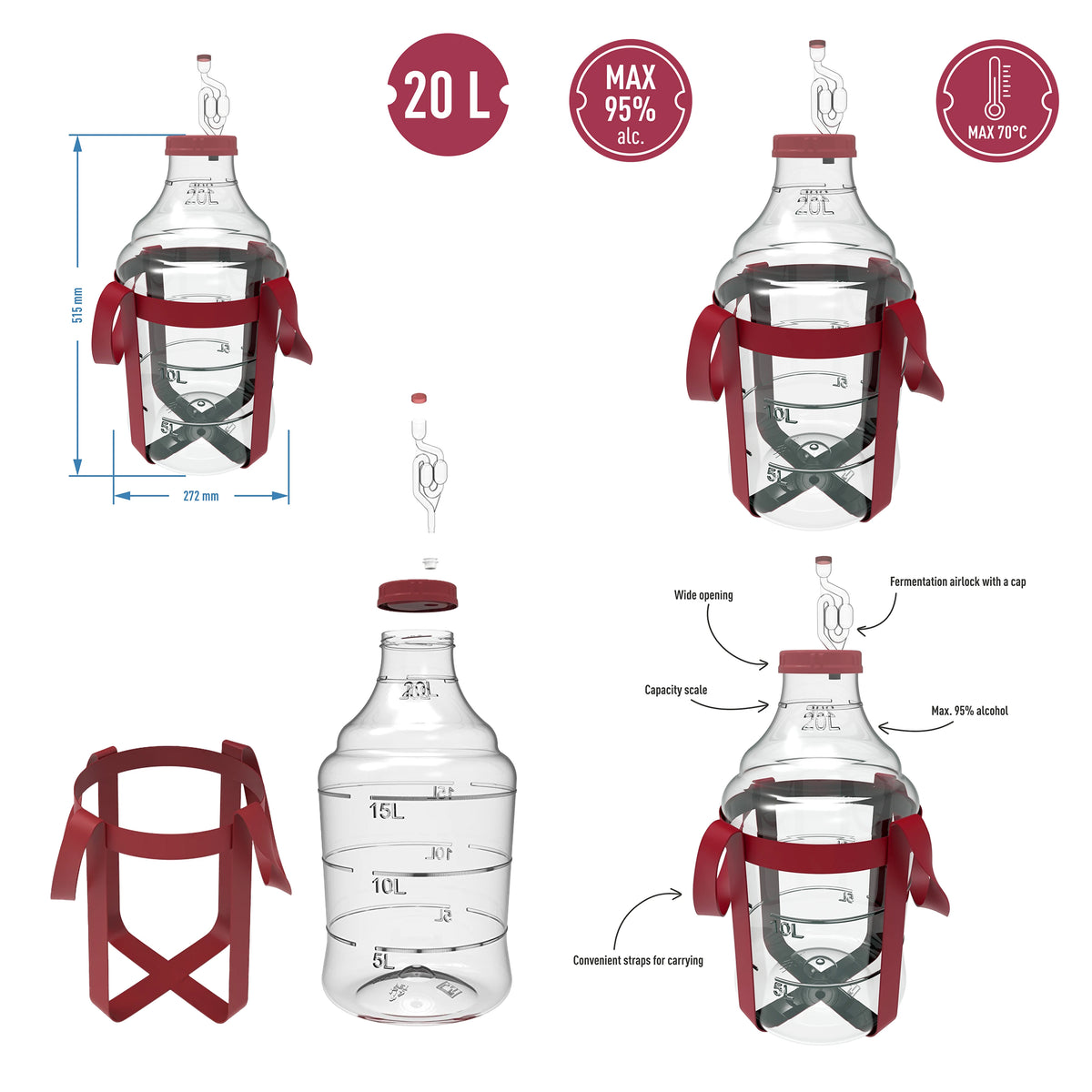 Plastic Wine Fermentation Demijohn 10L 15L 20L 25L PET with Straps & Airlock
