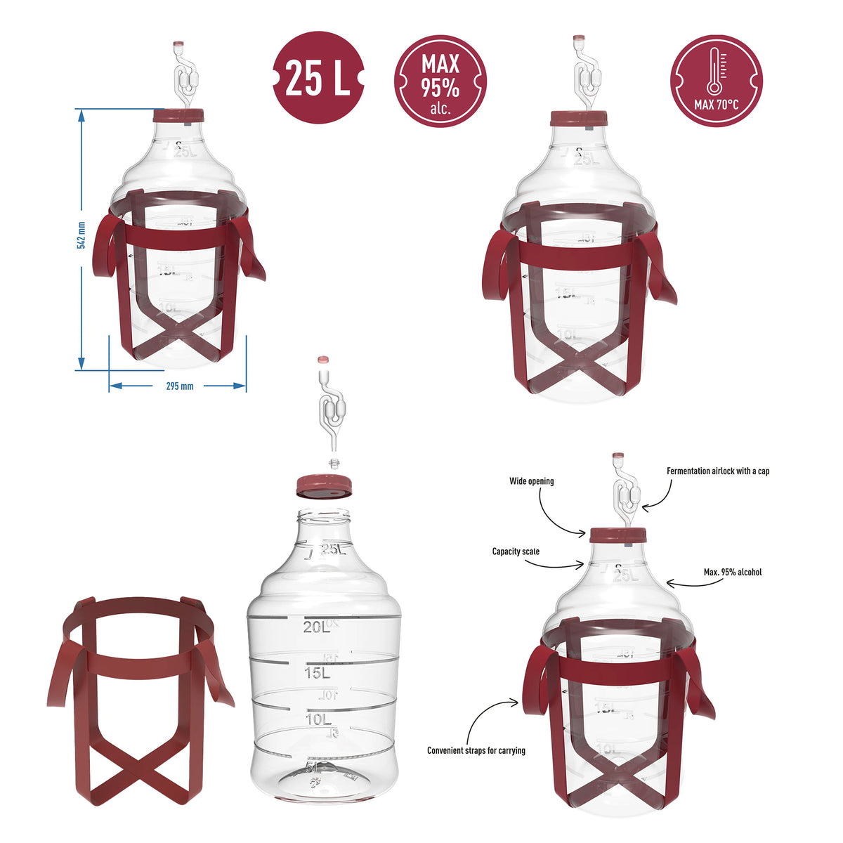 Plastic Wine Fermentation Demijohn 10L 15L 20L 25L PET with Straps & Airlock