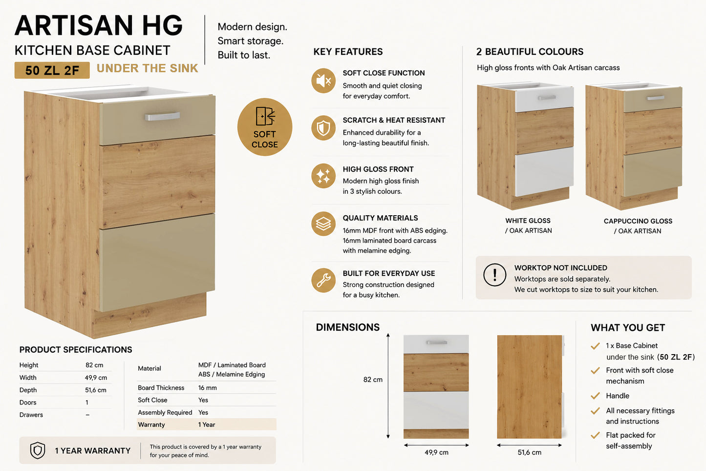 ARTISAN Modular Kitchen – White Gloss or Cappuccino Gloss - PARTS option