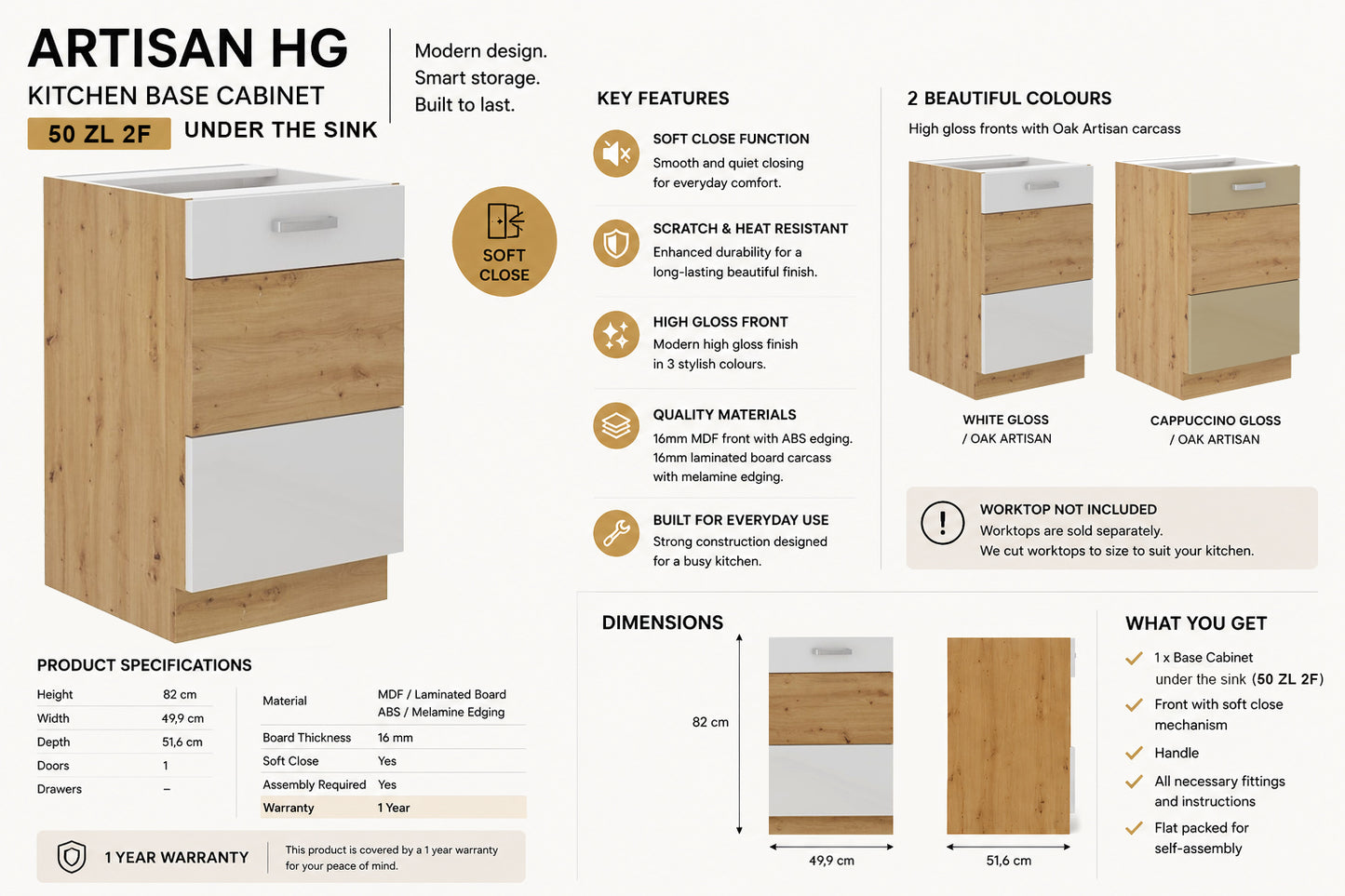 ARTISAN Modular Kitchen – White Gloss or Cappuccino Gloss