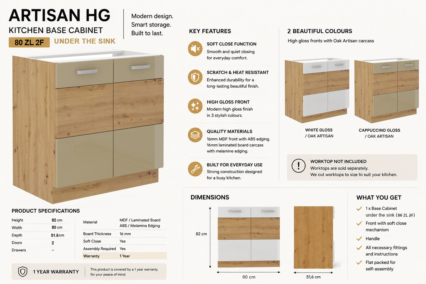ARTISAN Modular Kitchen – White Gloss or Cappuccino Gloss - PARTS option