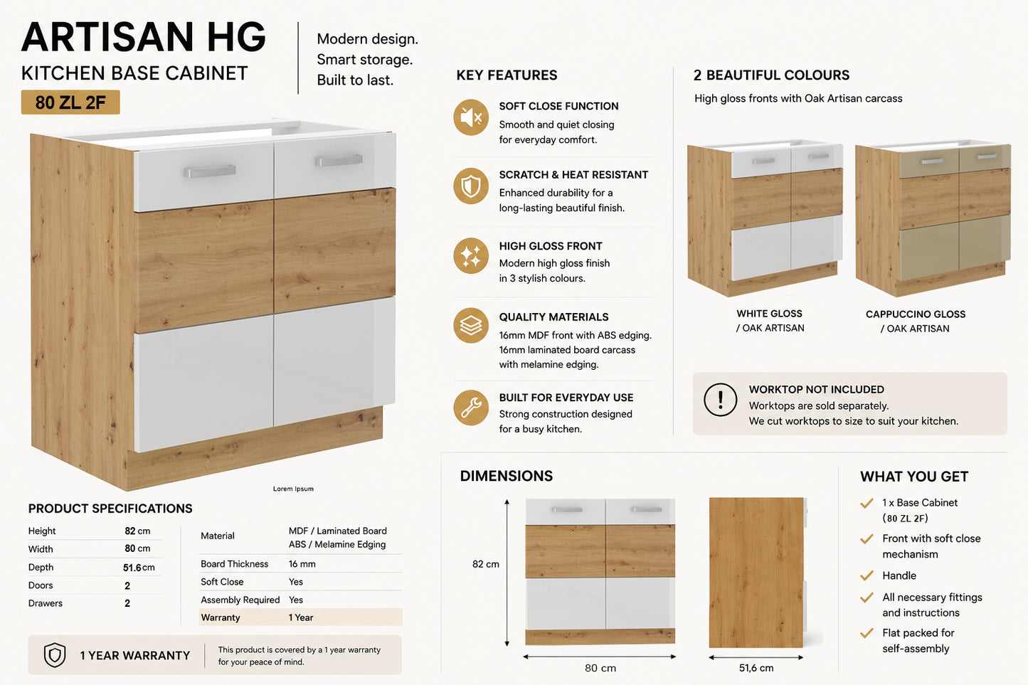 ARTISAN Modular Kitchen – White Gloss or Cappuccino Gloss