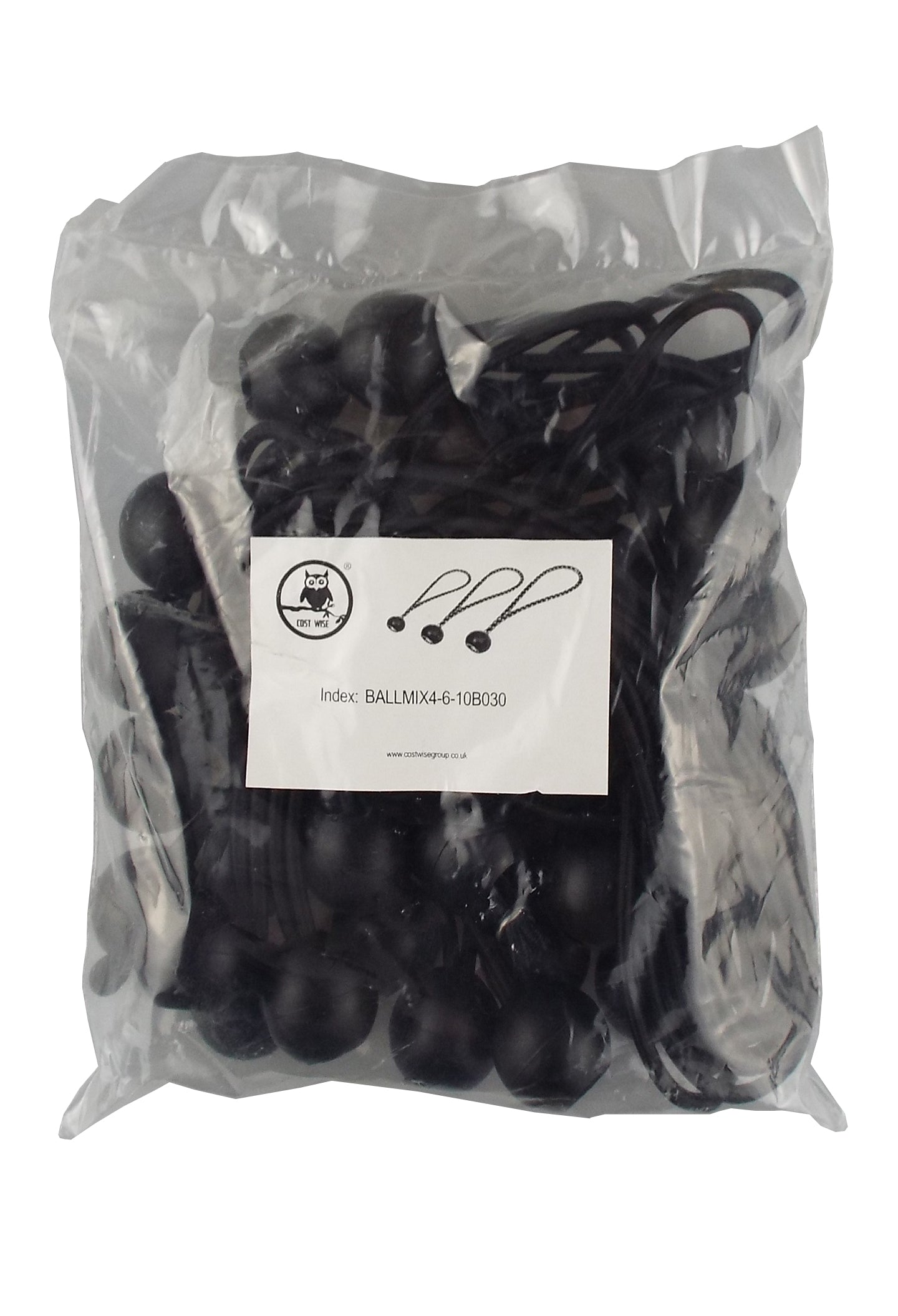 Mixed Size Black Bungee Balls (4", 6", 10") - Pack of 30