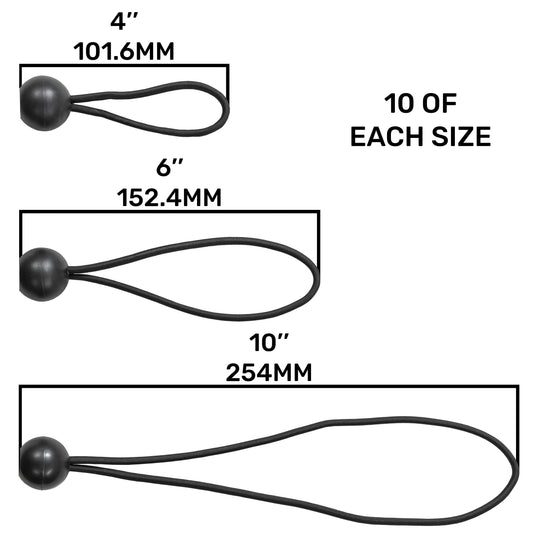 Mixed Size Black Bungee Balls (4", 6", 10") - Pack of 30