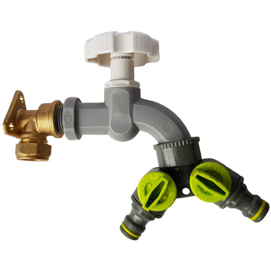 15mm Brass Wall Flange Kit with Grey Rotary Tap and Two-Way Splitter