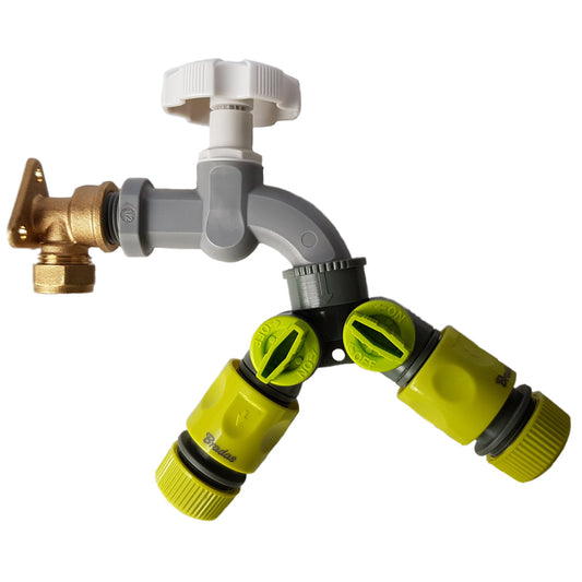 15mm Brass Wall Flange Kit with Grey Rotary Tap, Splitter, and Connectors