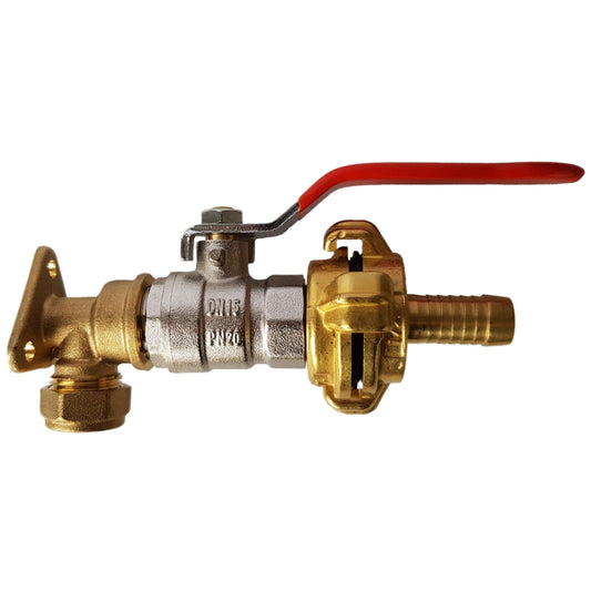 15mm Brass Wall Flange Kit with Lever Valve + Geka 19mm Barb Connector Set