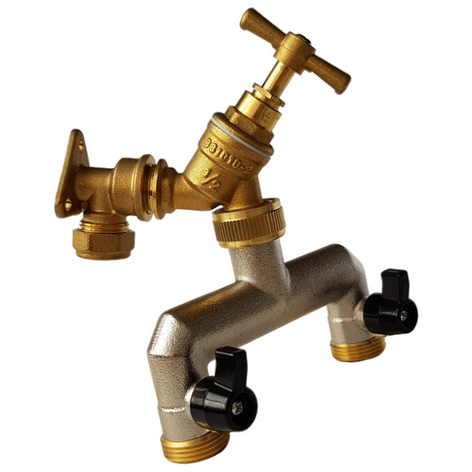 15mm Brass Wall Flange Kit with Brass Tap and 3/4" BSP Metal Splitter
