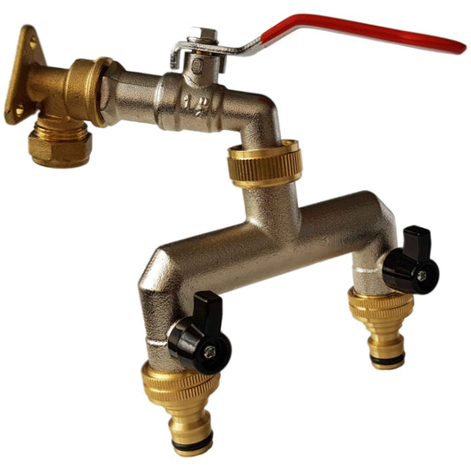 15mm Brass Wall Flange Kit with Lever Tap and Quick Connect Metal Splitter