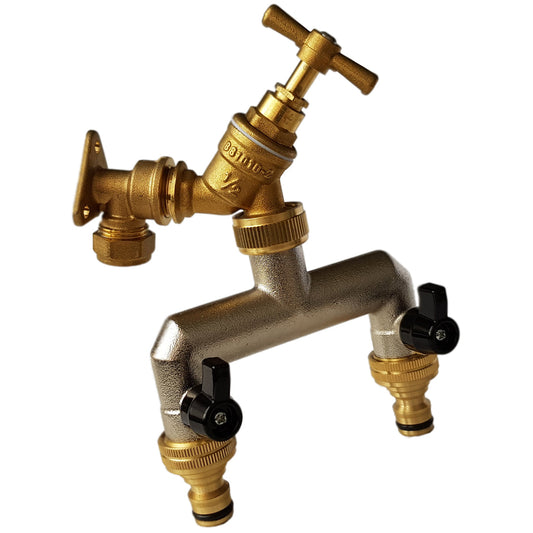 15mm Brass Wall Flange Kit with Brass Tap and Quick Connect Metal Splitter