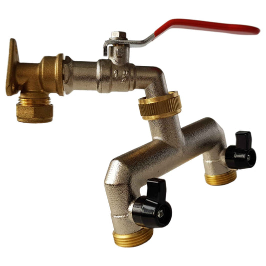 15mm Brass Wall Flange Kit with Lever Tap and 3/4" BSP Metal Splitter