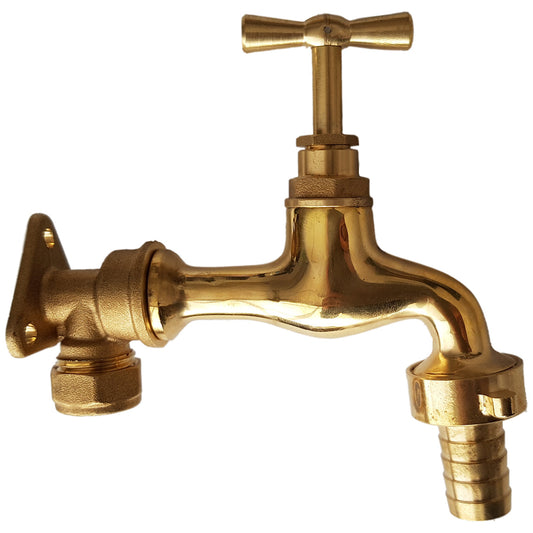 15mm Brass Wall Flange Kit with 15mm Polished Brass Tap with Barbed Outlet