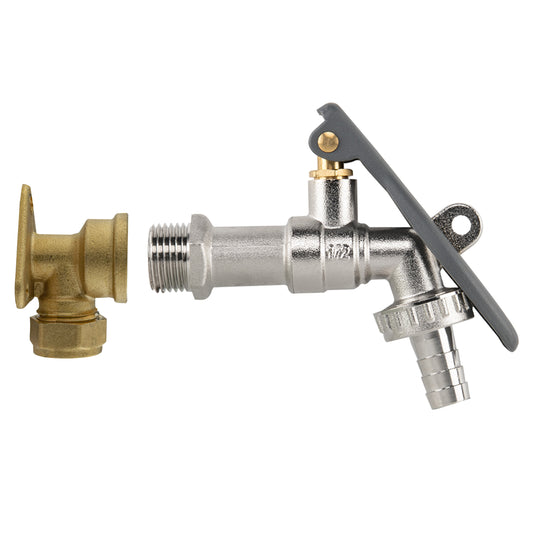 15mm Brass Tap Set with Wall Flange, Hose Connector and Lever Lock