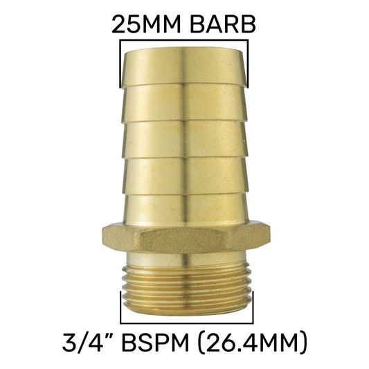 25mm Brass Hose Barb to 3/4" BSP Male Straight Connector