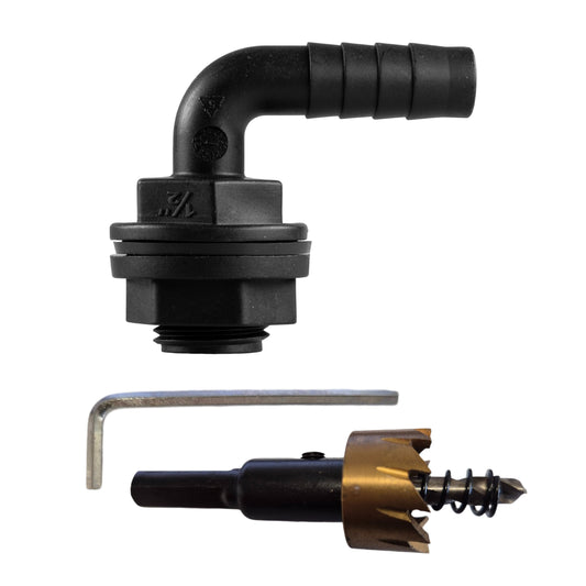 1/2" BSPM 90° Tank Connector with Washer, Nut & 1/2" Barb – Includes Drill Bit