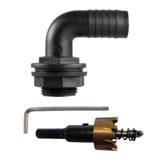 1" BSPM 90° Tank Connector with Washer, Nut & 1" Barb – Includes Drill Bit