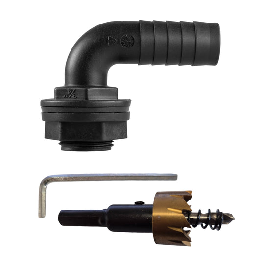 3/4" BSPM 90° Tank Connector with Washer, Nut & 3/4" Barb – Includes Drill Bit