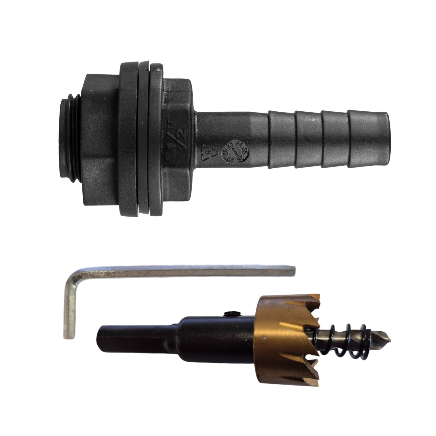 1/2" BSPM Tank Connector with Washer, Nut & 1/2" Barb – Includes Drill Bit