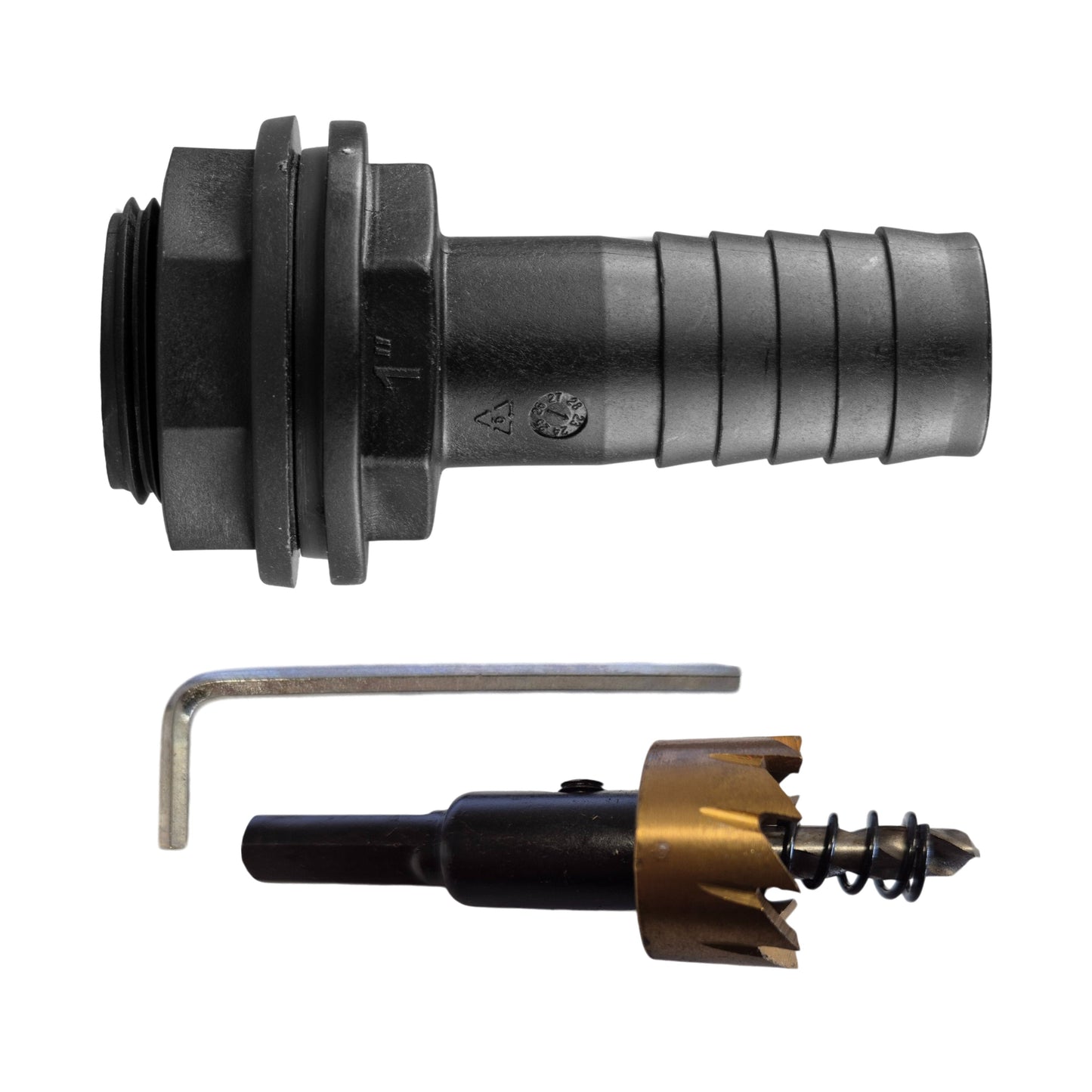 1" BSPM Tank Connector with Washer, Nut & 1" Barb – Includes Drill Bit